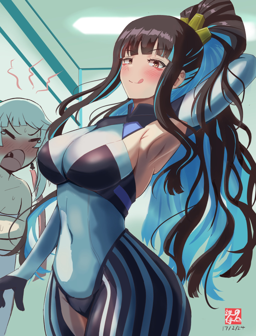 2girls absurdres armpit_cutout black_bodysuit black_hair blue_hair blush bodysuit breasts closed_eyes clothing_cutout colored_inner_hair covered_navel eyeliner fate/grand_order fate/samurai_remnant fate_(series) grey_eyes highres iron_samurai large_breasts licking_lips long_hair looking_at_viewer makeup multicolored_hair multiple_girls open_mouth ponytail sidelocks smile tenochtitlan_(fate) tenochtitlan_(third_ascension)_(fate) thigh_cutout tongue tongue_out two-tone_bodysuit white_bodysuit white_hair yui_shousetsu_(fate) yui_shousetsu_(first_ascension)_(fate)