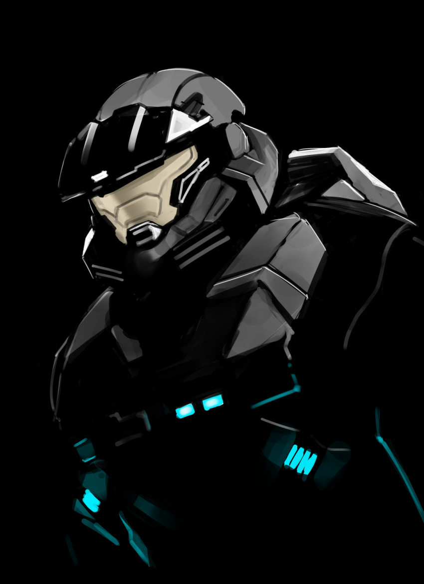 1boy armor assault_visor black_background facing_down glowing halo:_reach halo_(series) helmet highres limited_palette power_armor sate science_fiction spartan-b312 spartan_(halo)