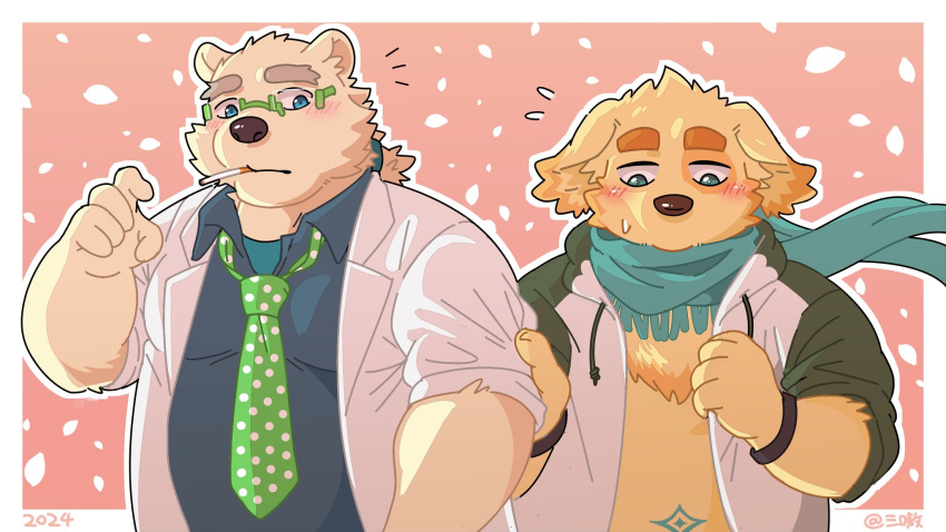 anthro bear belly bird_dog blush canid canine canis clothing coat cu_sith_(tas) domestic_dog duo embarrassed embear_2019 golden_retriever hi_res hunting_dog lab_coat leib_(tas) lifewonders male male/male mammal necktie overweight polar_bear retriever scarf shy tokyo_afterschool_summoners topwear ursine