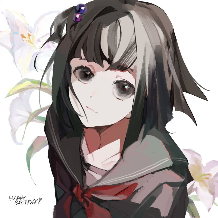 1girl a34403178 amemori_sayo arms_at_sides black_eyes black_hair black_sailor_collar black_shirt closed_mouth collarbone flower from_above hair_ornament happy_birthday highres looking_at_viewer neckerchief nijisanji one_side_up red_neckerchief sailor_collar shirt short_hair sidelocks simple_background smile solo virtual_youtuber white_background white_flower