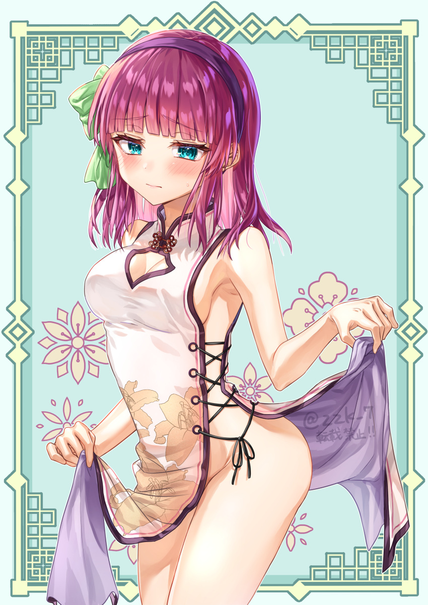 1girl absurdres angel_beats! aqua_eyes backboob bare_arms black_hairband blunt_bangs blush border bow breasts china_dress chinese_clothes cleavage cleavage_cutout closed_mouth clothing_cutout colored_eyelashes commentary_request commission cowboy_shot curvy dress embarrassed eyelashes floral_print furrowed_brow green_background green_bow hair_bow hairband half-closed_eyes highres hip_vent lips looking_at_viewer looking_down medium_breasts medium_hair nakamura_yuri no_bra no_panties partial_commentary pink_lips print_dress purple_hair sideless_dress simple_background skeb_commission skirt_hold sleeveless sleeveless_dress solo straight_hair sweatdrop thighs tsurime twitter_username variant_set white_border white_dress zuzuhashi