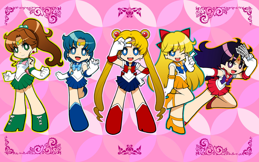 :d ;d ahoge aino_minako arm_up back_bow bare_legs bishoujo_senshi_sailor_moon black_hair blonde_hair blue_choker blue_eyes blue_footwear blue_hair blue_sailor_collar blue_skirt boots bow brown_hair chibi choker clenched_hands double_bun earrings elbow_gloves full_body gloves green_choker green_eyes green_footwear green_sailor_collar green_skirt hair_bobbles hair_bow hair_ornament half_updo hand_on_hip highres hino_rei inner_senshi jewelry kino_makoto knee_boots long_hair magical_girl md5_mismatch mizuno_ami multiple_girls ofuda one_eye_closed open_mouth orange_choker orange_sailor_collar orange_skirt panty_&amp;_stocking_with_garterbelt parody pink_background pink_bow pointing ponytail purple_eyes red_bow red_choker red_sailor_collar red_skirt ribbon sailor_collar sailor_jupiter sailor_mars sailor_mercury sailor_moon sailor_senshi sailor_senshi_uniform sailor_venus shoes short_hair skirt smile standing standing_on_one_leg strappy_heels style_parody tagro tiara tsukino_usagi twintails v white_gloves