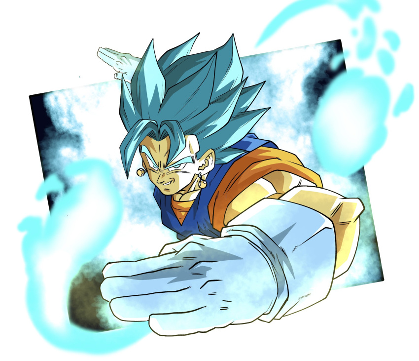 1boy black_border blue_eyes blue_hair blue_shirt border charging_forward commentary dougi dragon_ball dragon_ball_super dragon_ball_z_dokkan_battle earrings energy_ball gloves grin highres jewelry male_focus muscular muscular_male oharu2000 orange_shirt outside_border potara_earrings shirt smile solo spiked_hair super_saiyan super_saiyan_blue v-shaped_eyebrows vegetto white_background white_gloves