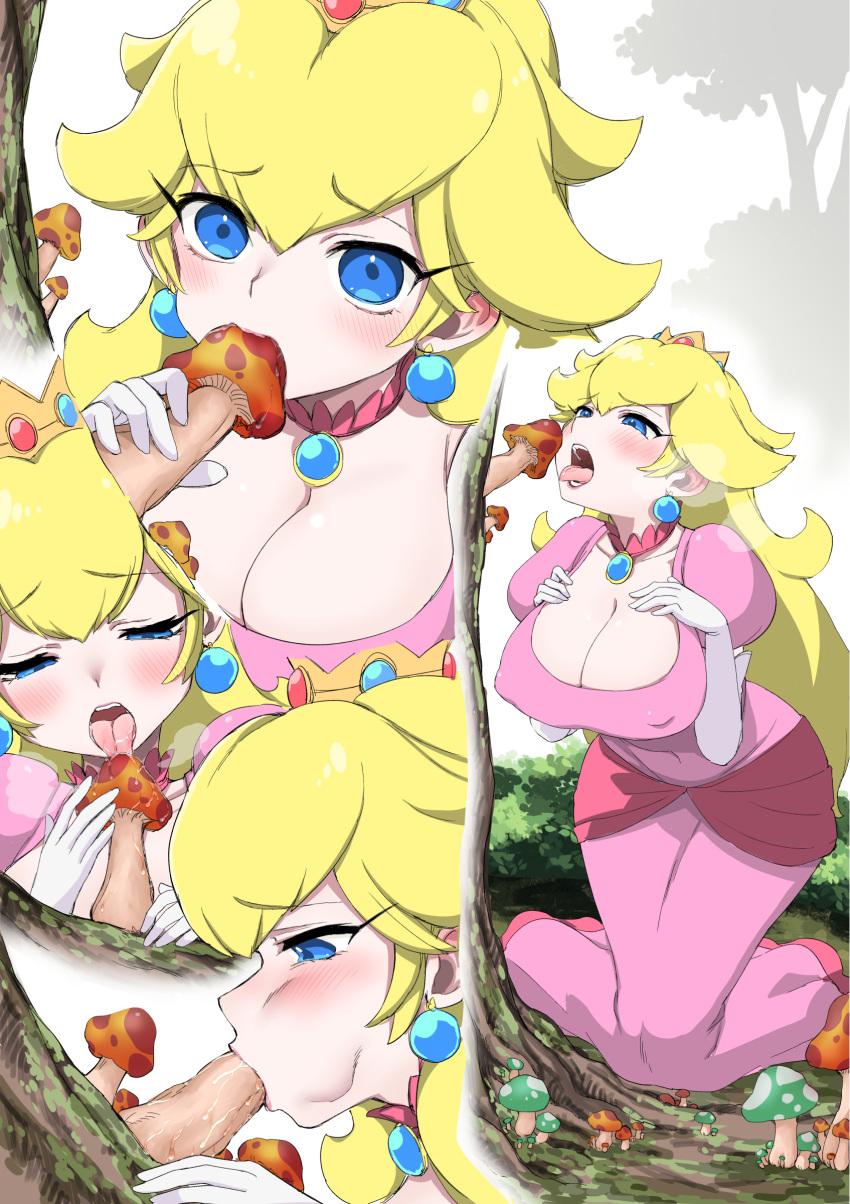 1girl absurdres blonde_hair blue_eyes breasts cleavage commentary_request covered_navel covered_nipples crown dress earrings elbow_gloves fellatio foliage forest full_body gloves highres jewelry kneeling knees_together_feet_apart large_breasts licking long_hair mario_(series) mini_crown multiple_views mushroom nanahone nature open_mouth oral outdoors pendant_choker phallic_symbol pink_dress princess_peach puffy_short_sleeves puffy_sleeves saliva sexually_suggestive short_sleeves simulated_fellatio tongue tongue_out tree very_long_hair white_gloves
