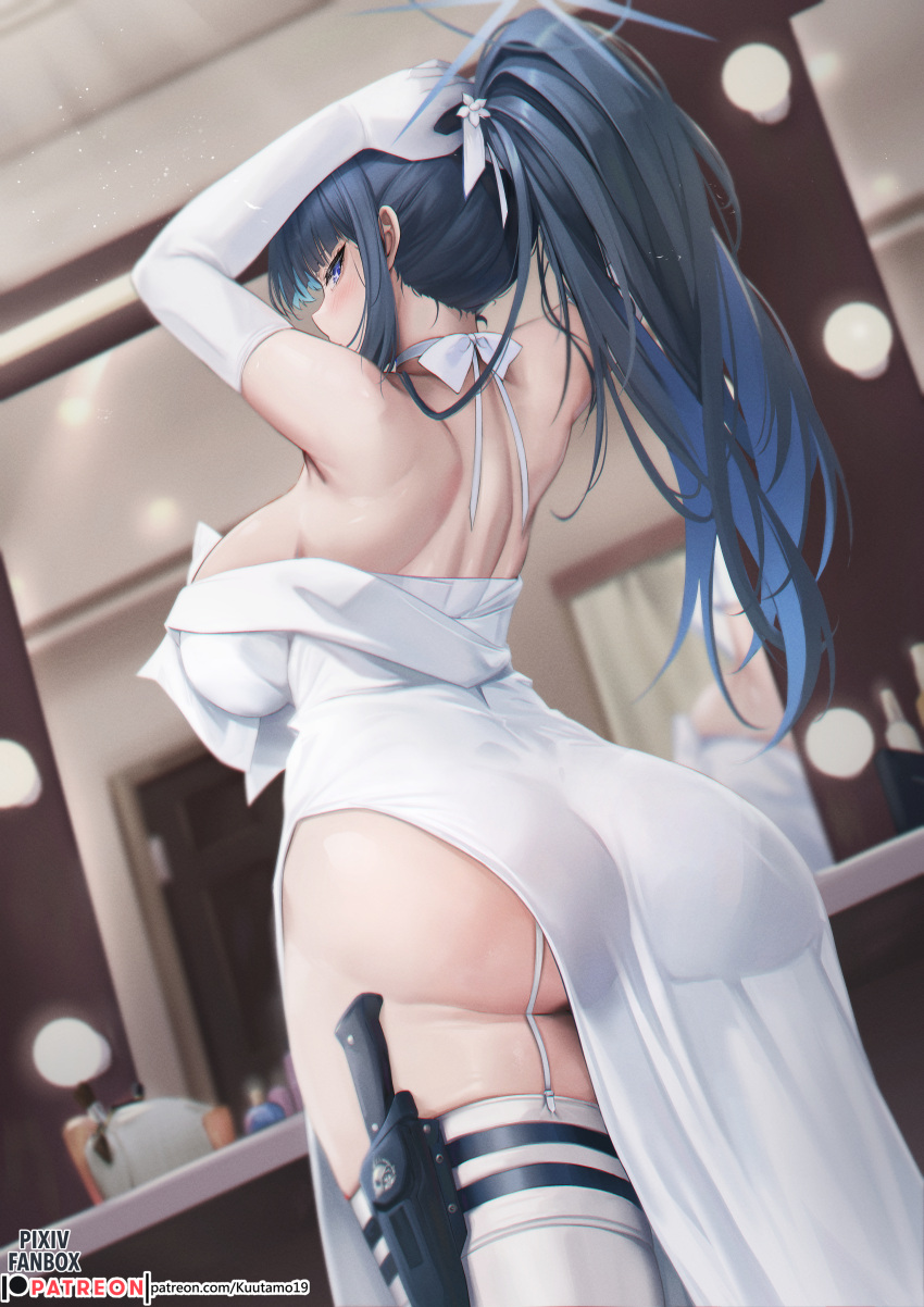 1girl absurdres arms_behind_head arms_up ass bare_shoulders black_hair blue_archive blue_eyes blue_hair blush breasts combat_knife dress elbow_gloves gloves hair_ribbon halo highres knife knife_sheath kuutamo large_breasts long_hair looking_at_viewer looking_back multicolored_hair ponytail ribbon saori_(blue_archive) saori_(dress)_(blue_archive) sheath solo thighs weapon white_dress white_gloves