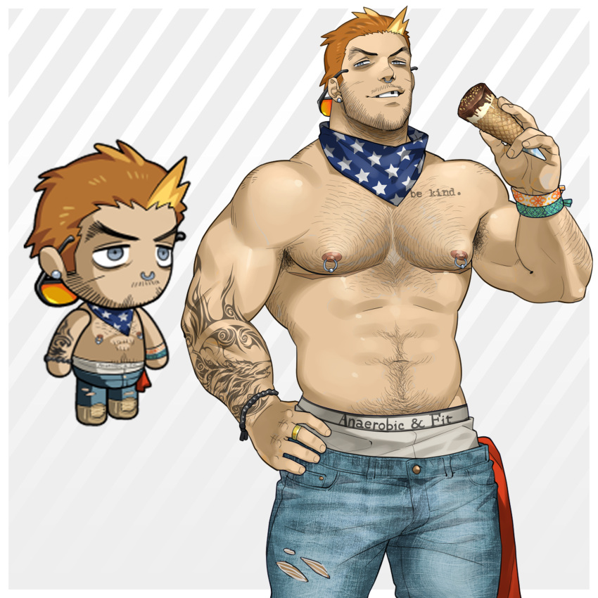 1boy absurdres arm_tattoo armpit_hair armpit_hair_peek bara beard_stubble bulge character_request chibi cowboy_shot denim ero_condo facial_hair food hairy highres holding holding_food holding_ice_cream ice_cream jeans kienbiu large_pectorals leg_hair male_focus muscular muscular_male mustache_stubble navel nipple_piercing nipple_rings nipples nose_piercing nose_ring official_alternate_costume orange_hair paid_reward_available pants pectorals piercing plump short_hair simple_background smirk solo standing stomach stubble tattoo thick_arm_hair thick_chest_hair thick_navel_hair thick_neck thighs topless_male torn_clothes torn_pants