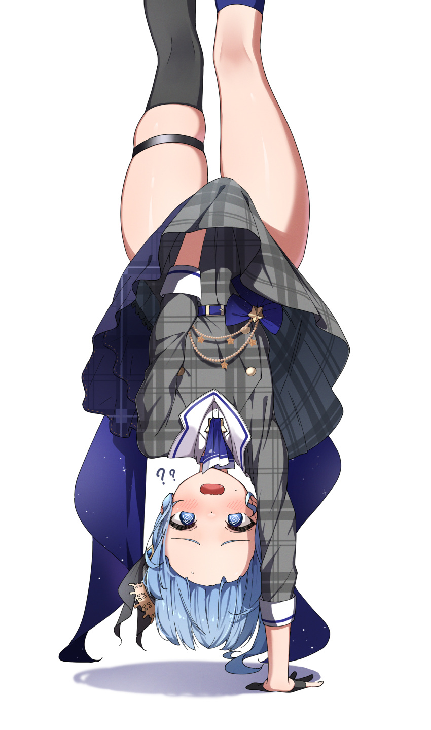 1girl ? @_@ absurdres ascot asymmetrical_legwear belt black_gloves black_thighhighs blue_ascot blue_belt blue_bow blue_choker blue_eyes blue_hair blue_socks blush bow choker collared_shirt commentary_request crown dress eru_(l_illust45) gloves grey_jacket grey_skirt handstand highres hololive hoshimachi_suisei hoshimachi_suisei_(1st_costume) jacket looking_at_viewer lycoris_challenge_(meme) meme mini_crown one_arm_handstand open_mouth partially_fingerless_gloves plaid plaid_dress plaid_skirt shadow shirt simple_background skindentation skirt skirt_tug socks solo sweat thigh_strap thighhighs uneven_legwear upside-down virtual_youtuber waist_bow wavy_mouth white_background white_shirt