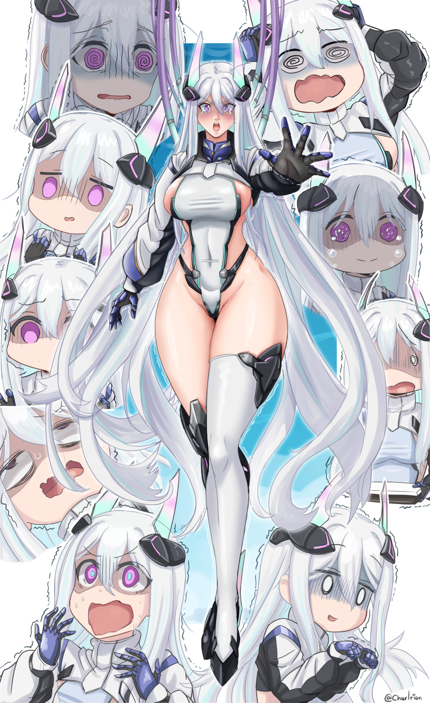 1girl @_@ aoyama_yoshino azur_lane black_gloves bocchi_the_rock! breasts charleian commentary covered_navel crossed_legs expressions full_body gloves gotoh_hitori groin hair_between_eyes headgear highleg highleg_leotard highres kearsarge_(azur_lane) large_breasts leotard long_hair looking_at_viewer open_mouth purple_eyes rudder_footwear shrug_(clothing) sideboob sidelocks single_thighhigh skindentation standing sweat taut_leotard tears thighhighs trembling turn_pale twitter_username two-tone_leotard very_long_hair voice_actor_connection watson_cross white_hair white_leotard white_shrug white_thighhighs