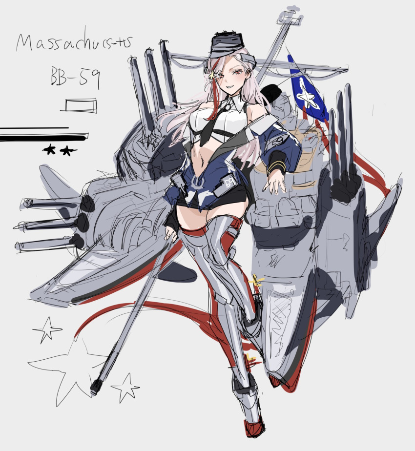 1girl black_necktie blonde_hair blue_jacket breasts cannon collared_shirt headgear highres ichimonme_(ichi) jacket kantai_collection large_breasts long_hair massachusetts_(kancolle) mast multicolored_clothes multicolored_hair multicolored_jacket necktie red_eyes red_hair red_thighhighs rigging shirt sketch sleeveless sleeveless_shirt smokestack_hair_ornament solo star_(symbol) streaked_hair thighhighs turret white_shirt