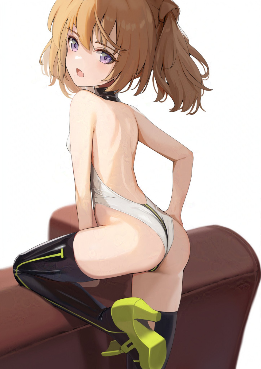 1girl alice_gear_aegis ass backless_leotard black_thighhighs booth_babe breasts brown_hair circle_cutout cleavage_cutout clothing_cutout companion/af covered_collarbone from_behind highleg highleg_leotard highres kimikage_yui leotard looking_at_viewer medium_hair purple_eyes race_queen simple_background sleeveless_turtleneck_leotard small_breasts solo sunga2usagi thighhighs turtleneck_leotard twintails two-tone_leotard white_background white_leotard zipper_pull_tab