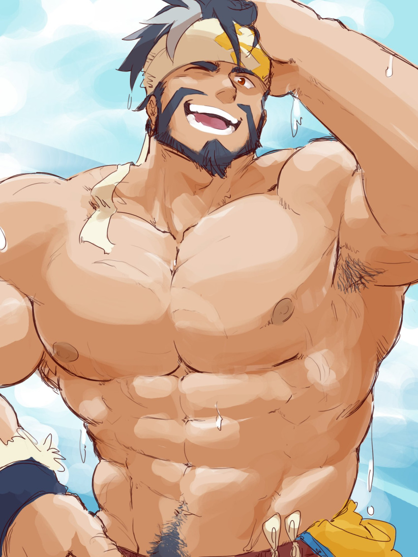 1boy abs armpit_hair armpits bara beard dragalia_lost english_commentary facial_hair goatee hand_in_own_hair hand_on_own_hip headband highres looking_at_viewer male_focus multicolored_hair nipples open_mouth pectorals piikeisandaa red_eyes smile topless_male zhu_bajie_(dragalia_lost)