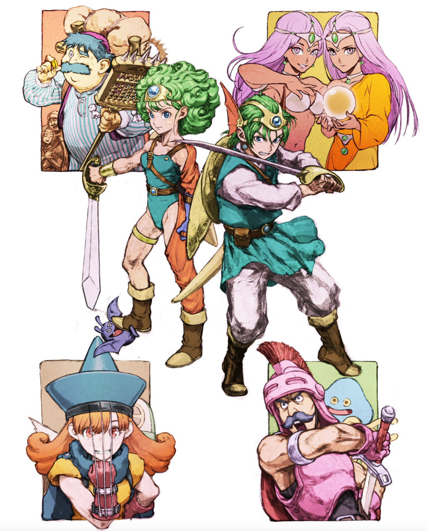 3boys 4girls alena_(dq4) backpack bag blue_hair blue_hat blue_leotard boots brown_footwear claw_(weapon) closed_mouth coin commentary_request dark-skinned_female dark_skin dracky dragon_quest dragon_quest_iv everyone facial_hair green_hair hat helmet hero_(dq4) heroine_(dq4) highres holding holding_coin holding_sword holding_weapon iwamoto_tatsurou leotard long_hair manya_(dq4) minea_(dq4) multiple_boys multiple_girls mustache navel one_eye_closed orange_eyes orange_hair purple_eyes purple_hair ryan_(dq4) simple_background slime_(dragon_quest) smile sword teeth tiara torneko v-shaped_eyebrows weapon white_background winged_helmet witch_hat