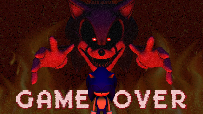 3d_(artwork) anthro blue_body blue_fur clothing creepy creepypasta demonic digital_media_(artwork) duo eulipotyphlan eyes_closed fur game_over game_over_screen gameplay_mechanics glitch gloves glowing glowing_eyes handwear hedgehog hi_res horror_(theme) male mammal nightmare_fuel red_eyes sega sonic.exe sonic.exe_(creepypasta) sonic_the_hedgehog sonic_the_hedgehog_(series) static thecyber-gamer where_is_your_god_now