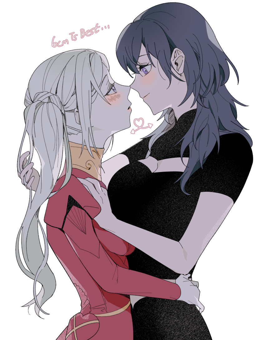 2girls b_(wldms6650) black_dress blue_hair byleth_(female)_(fire_emblem) byleth_(fire_emblem) cleavage_cutout closed_mouth clothing_cutout commentary dress edelgard_von_hresvelg english_commentary english_text eye_contact fire_emblem fire_emblem:_three_houses hand_in_another's_hair hand_on_another's_shoulder hand_on_another's_waist heart highres long_hair looking_at_another multiple_girls noses_touching parted_lips purple_eyes red_dress short_sleeves side_ponytail simple_background smile upper_body white_background white_hair yuri