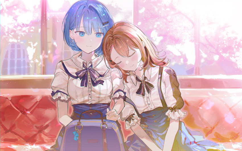 0202ase absurdres bag black_bow blue_bag blue_eyes blue_hair blue_ribbon blue_skirt blunt_bangs blush bow braid brown_hair closed_eyes collared_shirt commentary frilled_sleeves frills hair_intakes hanasato_minori handbag high-waist_skirt highres kiritani_haruka leaning_on_person looking_at_another medium_hair project_sekai ribbon shirt short_hair sitting skirt smile symbol-only_commentary train_interior white_shirt yuri