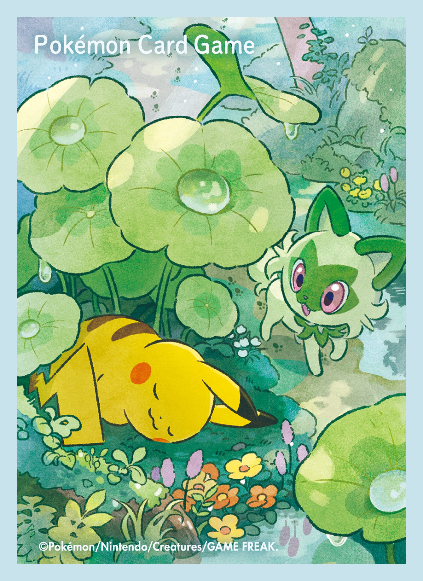 :3 absurdres closed_eyes closed_mouth commentary_request copyright_name day flower highres lying no_humans official_art outdoors pikachu pink_eyes plant pokemon pokemon_(creature) pokemon_tcg sleeping sprigatito standing water_drop watermark