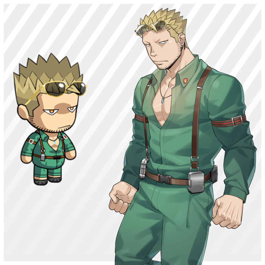 1boy absurdres bara beard_stubble chibi cowboy_shot ero_condo facial_hair frown highres kienbiu looking_at_viewer male_focus muscular muscular_male official_alternate_costume paid_reward_available pants partially_submerged pectoral_cleavage pectorals punt_(kienbiu) short_hair simple_background solo standing stubble sunglasses suspenders