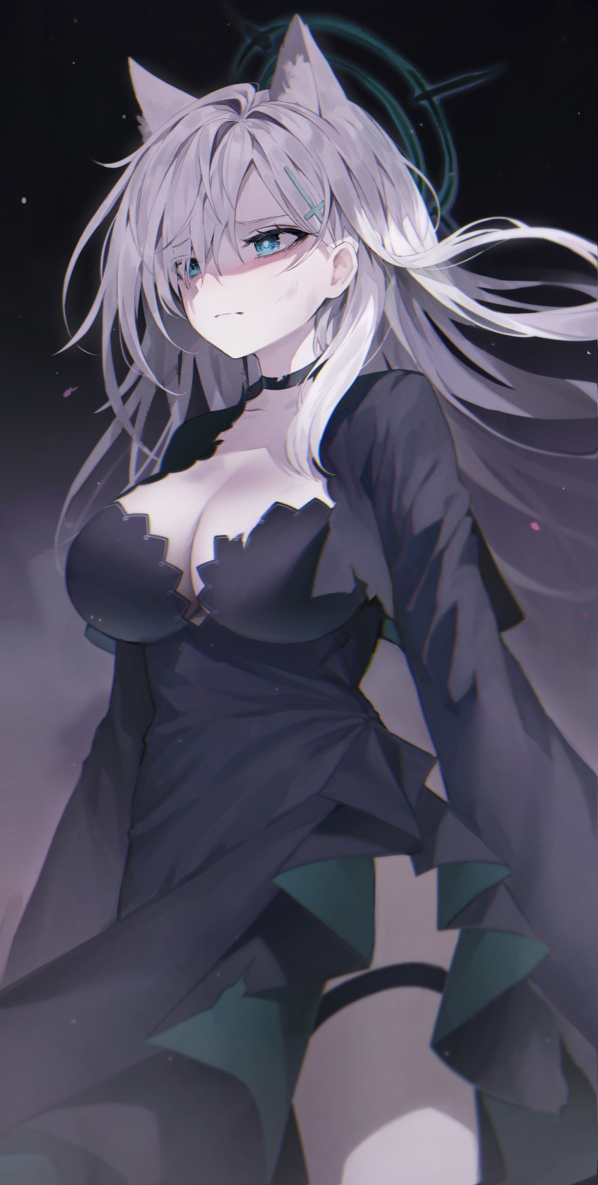 1girl absurdres animal_ear_fluff animal_ears black_choker black_dress blue_archive blue_eyes breasts chimyo choker cleavage closed_mouth commentary cross cross_hair_ornament dark_halo dress extra_ears grey_hair hair_ornament halo highres inverted_cross large_breasts long_hair long_sleeves mismatched_pupils shiroko_(blue_archive) shiroko_terror_(blue_archive) solo tearing_up thigh_strap wolf_ears
