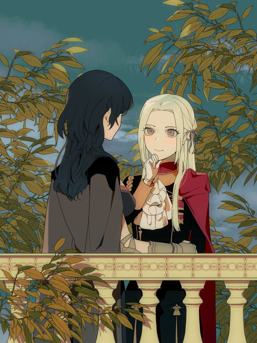 2girls ascot b_(wldms6650) black_hair blue_sky branch breasts byleth_(female)_(fire_emblem) byleth_(fire_emblem) cape closed_mouth commentary day edelgard_von_hresvelg english_commentary fire_emblem fire_emblem:_three_houses gauntlets gloves grey_jacket hair_ribbon highres jacket large_breasts leaf long_hair looking_at_another multiple_girls outdoors purple_eyes railing red_cape ribbon sky smile white_ascot white_gloves white_hair