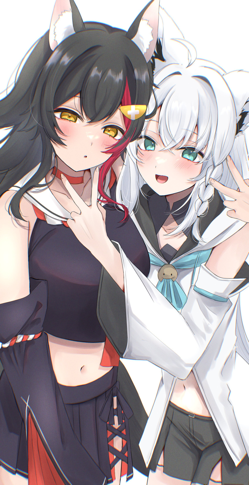 2girls absurdres animal_ear_fluff animal_ears aqua_eyes black_hair black_shirt black_shorts black_skirt black_sleeves blush breasts choker cropped_shirt detached_sleeves fox_ears fox_girl grey_hair hair_ornament hairpin highres hololive hood hoodie long_hair looking_at_viewer medium_breasts multicolored_hair multiple_girls navel nerorigogo ookami_mio ookami_mio_(1st_costume) open_mouth red_choker red_hair shirakami_fubuki shirakami_fubuki_(1st_costume) shirt shorts skirt smile streaked_hair v virtual_youtuber white_hoodie white_sleeves wolf_ears wolf_girl yellow_eyes