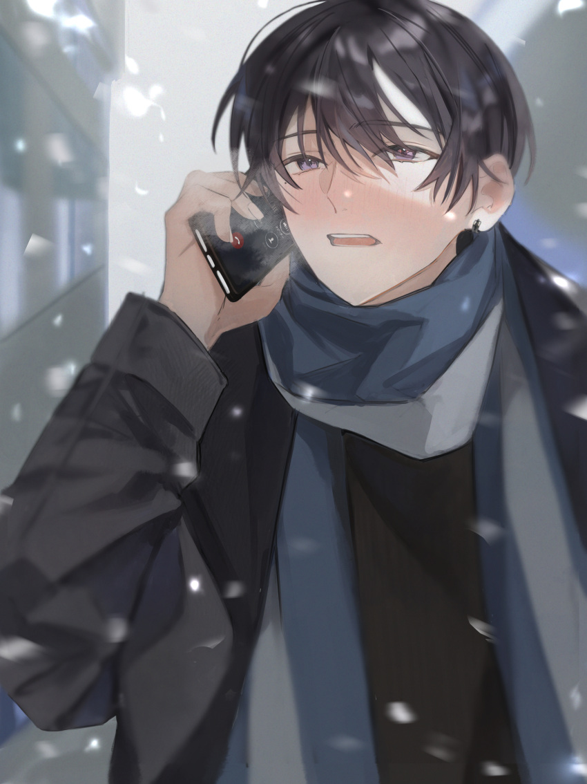 1boy absurdres black_coat black_hair black_shirt blush calling coat ear_piercing hair_between_eyes highres holding holding_phone looking_up male_focus mya_x_x original parted_lips phone piercing purple_eyes scarf shirt short_hair snowing solo teeth upper_body upper_teeth_only winter winter_clothes winter_coat