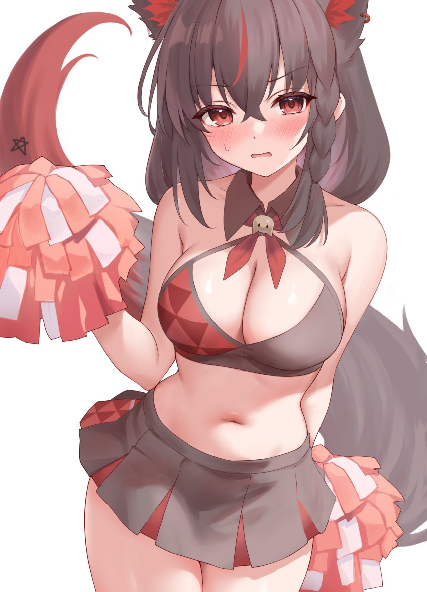 1girl alternate_costume animal_ear_fluff animal_ears black_hair black_skirt blue_archive blush braid breasts cheerleader cleavage crop_top fox_ears fox_girl fox_tail hayasaka_(a865675167774) highres hololive kurokami_fubuki large_breasts long_hair looking_at_viewer millennium_cheerleader_outfit_(blue_archive) multicolored_hair navel open_mouth pom_pom_(cheerleading) red_eyes red_hair single_braid skirt streaked_hair tail virtual_youtuber