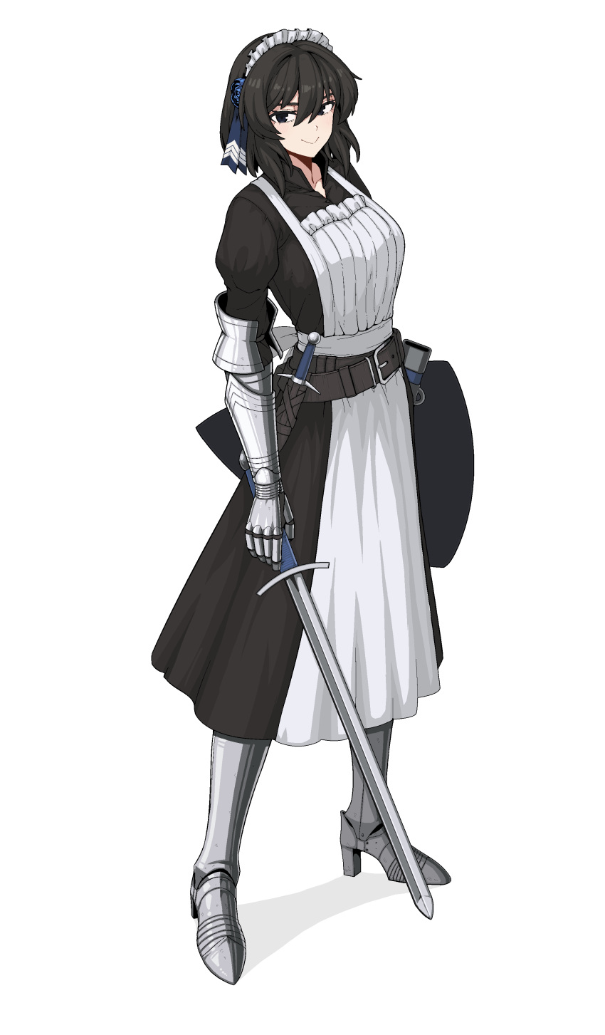 1girl absurdres armor black_dress black_hair blue_flower brown_hair dagger dress flower formicid hair_flower hair_ornament highres holding holding_shield holding_sword holding_weapon knife looking_at_viewer maid maid_headdress medieval original scabbard sheath shield smile solo sword weapon white_background white_headdress