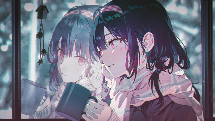 1girl black_hair blush commentary_request cup hairband holding holding_cup long_hair long_sleeves mug original parted_lips pink_eyes pink_scarf reflection scarf solo tokkyu upper_body window winter_clothes
