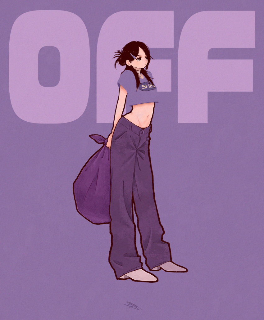 1girl bag_behind_back black_eyes black_hair blending english_text expressionless grey_footwear hair_ornament hairclip half-closed_eyes highres long_hair midriff navel original pants print_shirt purple_background purple_bag purple_pants purple_shirt purple_theme shirt shoes short_sleeves solo standing syooooyoooo wide_shot