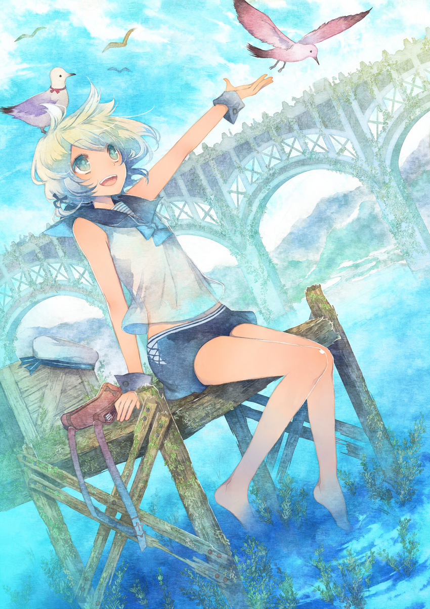 bag barefoot bird day dock green_eyes green_hair handbag highres kuroyuki legs original seagull short_hair sitting skirt sky smile solo water