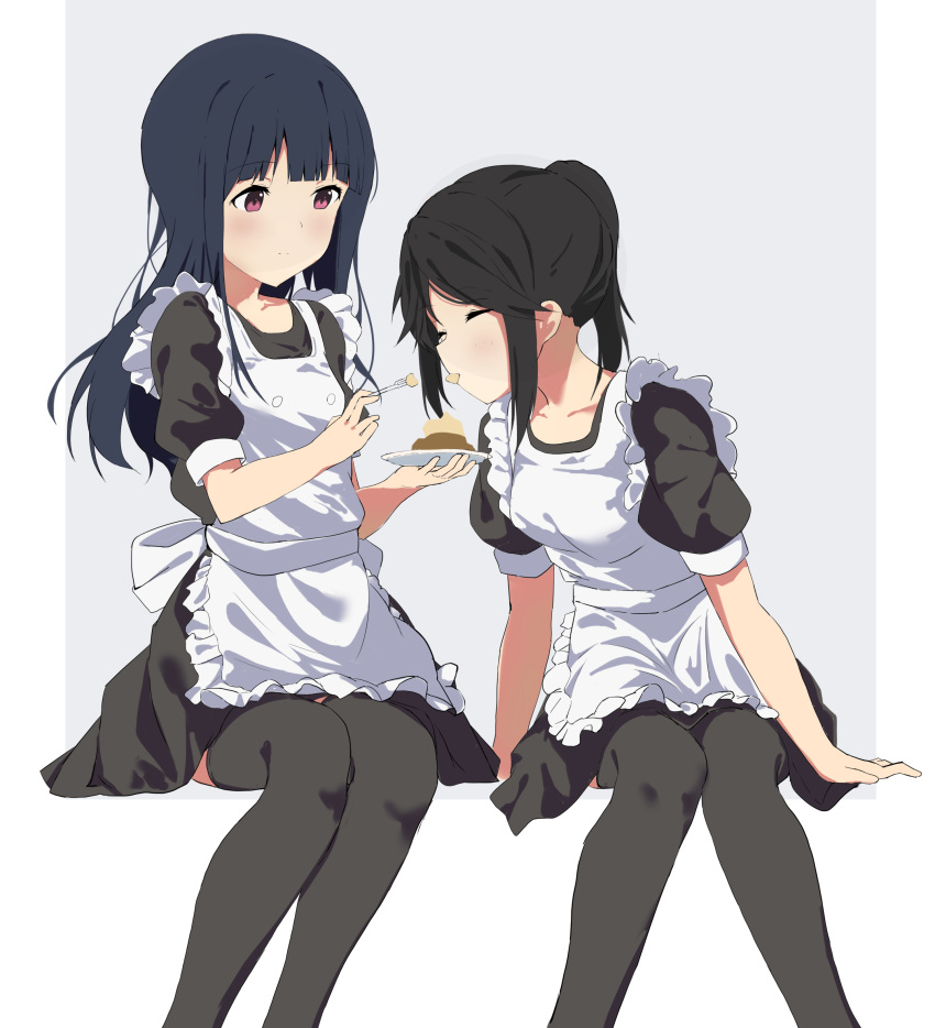 2girls absurdres apron arm_support black_dress black_hair black_thighhighs blue_hair closed_eyes closed_mouth commentary_request dress feet_out_of_frame grey_background hibike!_euphonium highres kasaki_nozomi liz_to_aoi_tori long_hair maid_apron multiple_girls ponytail puffy_short_sleeves puffy_sleeves red_eyes short_sleeves simple_background sitting soha_(sirohase) thighhighs white_apron yoroizuka_mizore