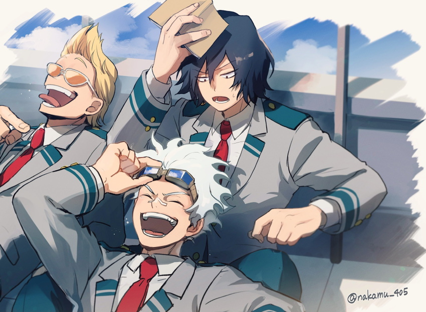 3boys ^_^ adjusting_goggles against_wall aged_down annoyed arm_up balcony bandaid bandaid_on_face bandaid_on_nose bangs_pinned_back black_eyes black_hair blazer blonde_hair blue_hair blue_pants blurry blurry_background blush boku_no_hero_academia book brush_stroke buttoned_cuffs buttons closed_eyes cloud collared_shirt commentary_request day double_horizontal_stripe eraser_head_(boku_no_hero_academia) eyes_visible_through_hair goggles goggles_on_head grey_jacket hair_between_eyes hand_on_goggles hand_up happy highres holding holding_book jacket knees_up lapels leaning_back leaning_on_person light_blue_hair long_sleeves loud_cloud lower_teeth_only male_focus multiple_boys nakamu_405 necktie notched_lapels on_floor open_mouth orange-tinted_eyewear outside_border pants partial_commentary pointing pointing_at_another present_mic quiff reclining red_necktie reflection school_uniform shadow shirt short_hair side-by-side sitting smile sunglasses sweatdrop teeth tinted_eyewear tongue tongue_out twitter_username u.a._school_uniform upper_body v-shaped_eyebrows white-framed_eyewear white_shirt wing_collar