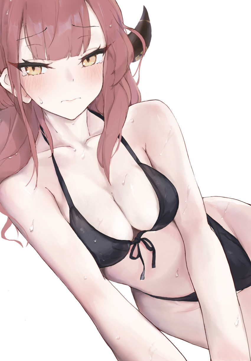 1girl anniu_(user_vemd7787) aru_(blue_archive) bare_arms bare_legs bare_shoulders bikini black_bikini black_horns blue_archive blush breasts cleavage closed_mouth collarbone demon_horns highres horns large_breasts long_hair pink_hair simple_background solo swimsuit white_background yellow_eyes