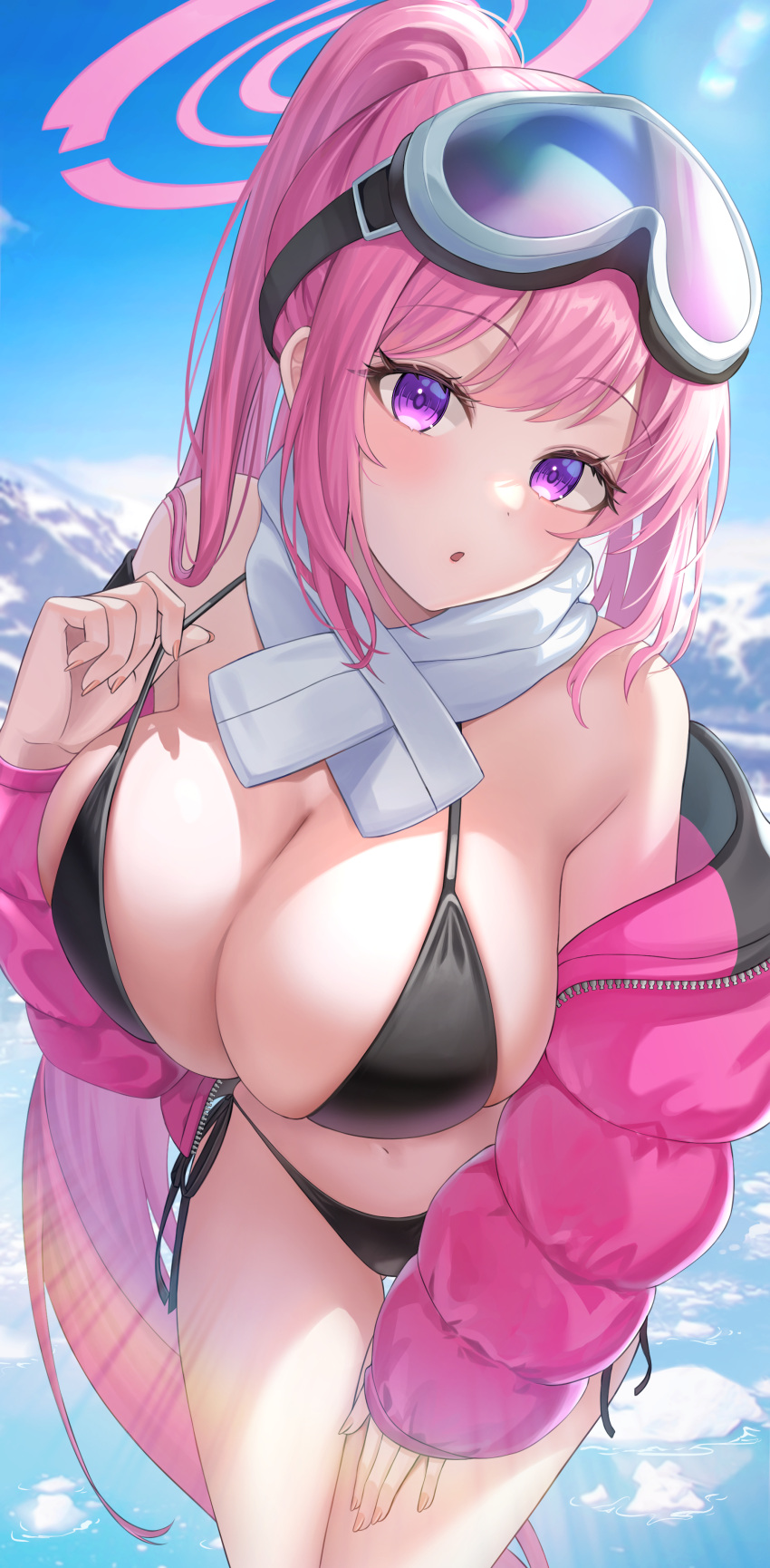 1girl :o absurdres bare_shoulders bikini black_bikini blue_archive blush breasts cleavage closed_mouth cowboy_shot day eimi_(blue_archive) eimi_(swimsuit)_(blue_archive) goggles goggles_on_head halo hand_up highres jacket large_breasts long_hair long_sleeves looking_at_viewer navel off_shoulder official_alternate_costume open_clothes open_jacket outdoors pink_eyes pink_hair pink_halo pink_jacket ponytail ppudang scarf solo swimsuit thighs white_scarf