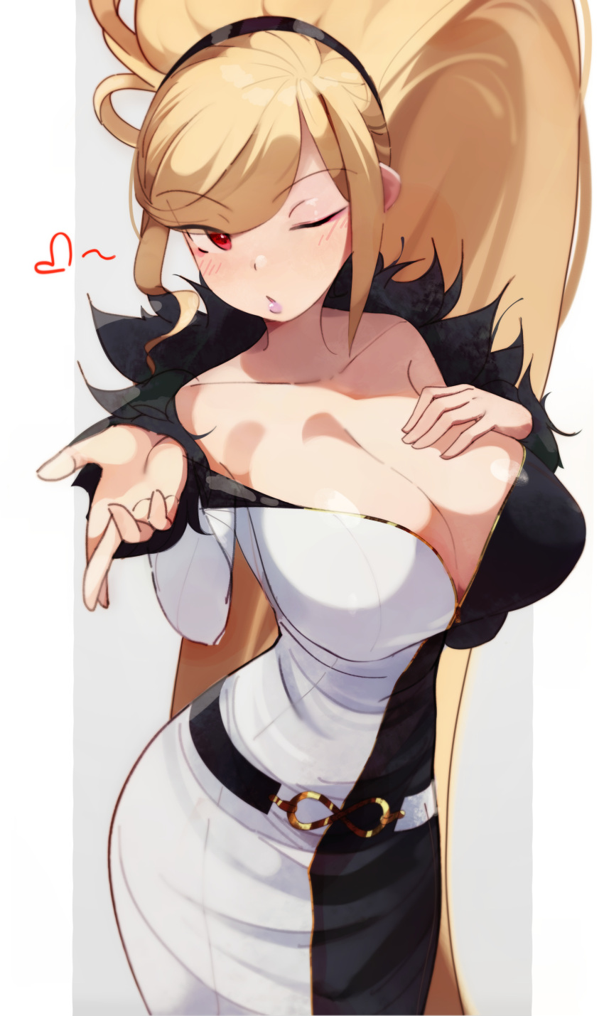 absurdly_long_hair absurdres bare_shoulders belt blonde_hair breasts cleavage collarbone deko_morii dress fur_trim highres hilda_(under_night_in-birth) large_breasts long_dress long_hair looking_at_viewer off-shoulder_dress off_shoulder one_eye_closed red_eyes swept_bangs two-tone_dress under_night_in-birth very_long_hair