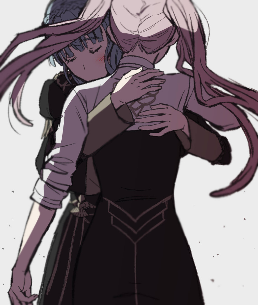 2girls affectionate backlighting black_dress blue_hair blunt_bangs blush braid closed_eyes crown_braid dress fire_emblem fire_emblem:_three_houses from_behind highres hilda_valentine_goneril hug kusodekablack long_hair marianne_von_edmund multiple_girls no_mouth pink_hair sketch standing twintails upper_body white_background yuri