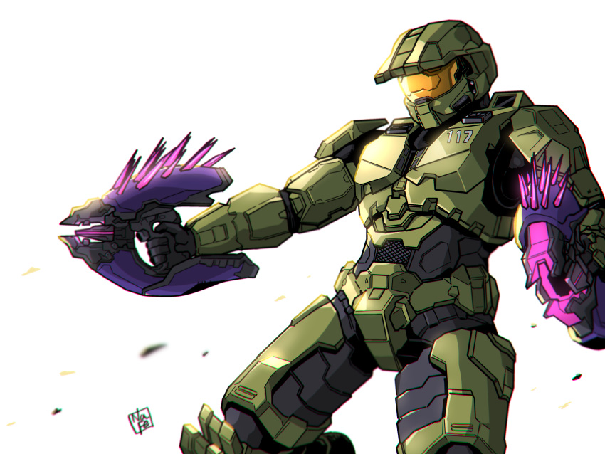 1boy absurdres armor assault_visor dual_wielding gun halo_(series) halo_2 helmet highres holding holding_gun holding_weapon leaning_back master_chief nasutetsu needler power_armor solo spartan_(halo) weapon white_background