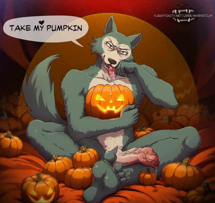 anthro beastars bodily_fluids canid canine canis dialogue dripping english_text feet food foreskin fruit genital_fluids genitals halloween halloween_theme heart_symbol hi_res hindpaw holidays humanoid_feet humanoid_genitalia humanoid_penis jack-o'-lantern leaking_precum legoshi_(beastars) long_foreskin male mammal markedium nude paws penis plant plantigrade precum precum_drip pumpkin saliva saliva_string sitting soles solo speech_bubble text tongue tongue_out unretracted_foreskin vein veiny_foreskin veiny_penis wolf