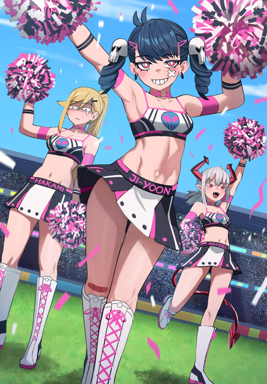 3girls :d armband bandaid bandaid_on_knee bandaid_on_leg black_hair blonde_hair blue_sky boots breasts character_name cheerleader confetti day dutch_angle earrings english_commentary fangs frown full_body grass grey_hair hair_ornament hairclip hakami_(jourd4n) highres horns jewelry ji-yoon_(jourd4n) jourd4n knee_boots long_hair looking_at_viewer medium_breasts midriff miniskirt multiple_girls navel original outdoors pointy_ears pom_pom_(cheerleading) rayzel_(jourd4n) red_eyes shaded_face sidelocks skirt sky small_breasts smile sports_bra stadium standing twintails walking