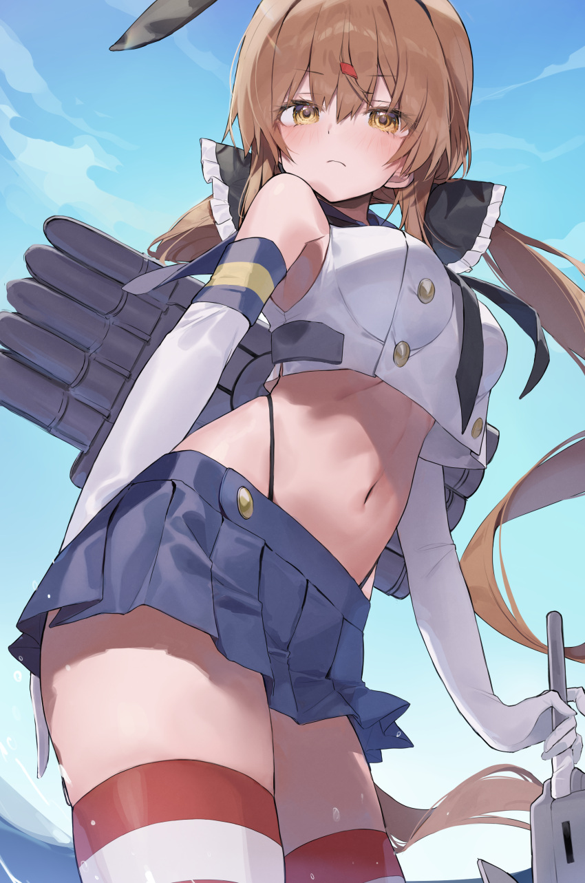 1girl absurdres black_bow black_hairband black_panties blue_sailor_collar blue_skirt blush bow breasts brown_eyes brown_hair cosplay crop_top elbow_gloves gloves hair_between_eyes hair_bow hair_ornament hairband hairclip highleg highleg_panties highres kantai_collection long_hair looking_at_viewer low_twintails navel neckerchief panties picoli1313 sailor_collar shimakaze_(kancolle) shimakaze_(kancolle)_(cosplay) skirt solo striped_clothes striped_thighhighs tashkent_(kancolle) thighhighs twintails underwear white_gloves
