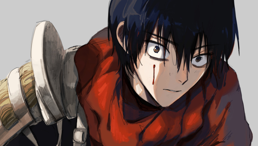 1boy armor black_hair blood blood_drip blood_on_face brown_eyes cloak close-up commentary_request constricted_pupils empty_eyes fumetsu_no_anata_e grey_background hair_between_eyes highres kahaku_(fumetsu_no_anata_e) looking_at_viewer male_focus portrait red_cloak short_hair shoulder_armor sidelighting solo wide-eyed yukiji_(4215haru)