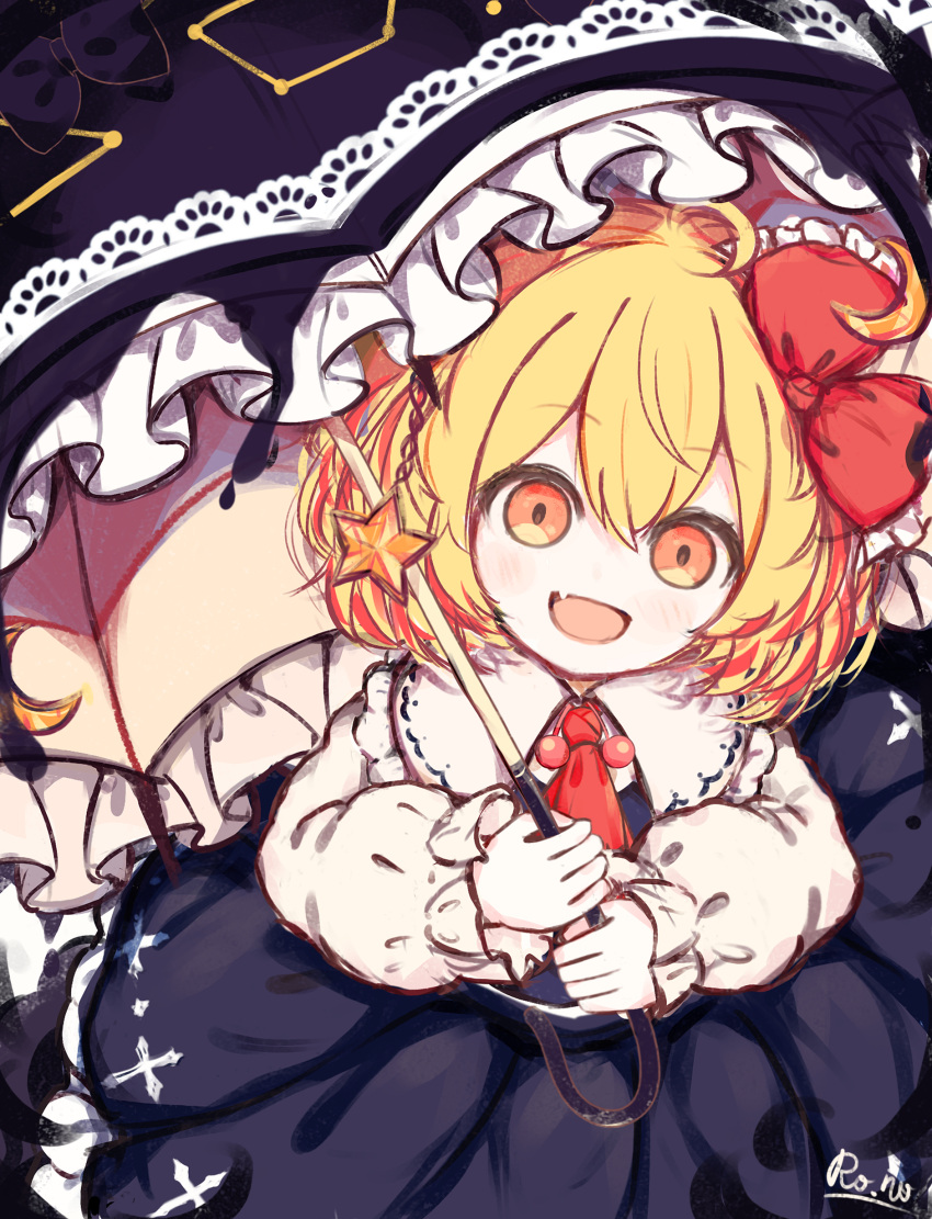 1girl absurdres ascot black_umbrella blonde_hair bow commentary_request crescent fang hair_bow highres holding holding_umbrella light_blush long_sleeves looking_at_viewer medium_hair open_mouth orange_eyes pixiv_username red_ascot red_bow ro.ro rumia skin_fang smile solo star_(symbol) touhou umbrella