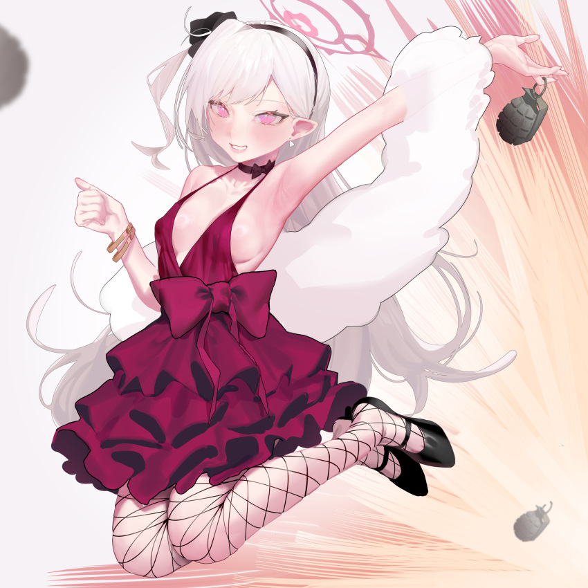 1girl absurdres armpits black_footwear black_hairband blue_archive breasts dress earrings fishnet_pantyhose fishnets full_body grey_hair hairband halo highres jewelry long_hair mutsuki_(blue_archive) mutsuki_(dress)_(blue_archive) official_alternate_costume pantyhose pink_eyes red_dress red_halo rounan58287 shoes sleeveless sleeveless_dress small_breasts smile solo white_fur