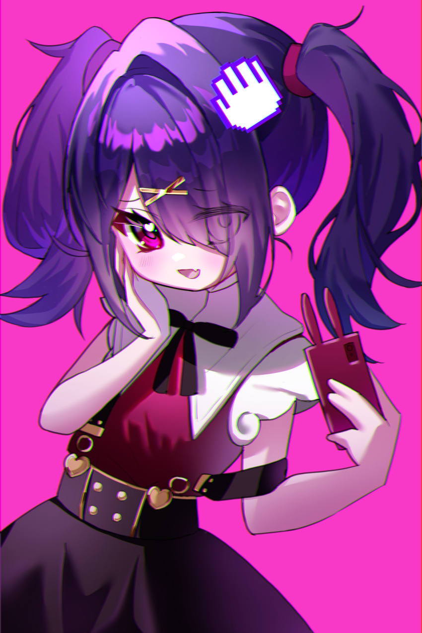 1girl :d absurdres ame-chan_(needy_girl_overdose) black_hair black_ribbon black_skirt blush chromatic_aberration collared_shirt commentary_request cowboy_shot cursor doki_(dokidoki_3939) eyes_visible_through_hair fang hair_ornament hair_over_one_eye hand_on_own_cheek hand_on_own_face hands_up headpat highres holding holding_phone long_hair looking_at_viewer neck_ribbon needy_girl_overdose open_mouth phone pink_background pink_eyes red_shirt ribbon shirt simple_background skin_fang skirt smile solo suspender_skirt suspenders suspenders_slip twintails x_hair_ornament