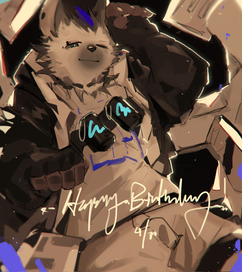 1boy arknights black_eyes black_gloves black_jacket canister closed_mouth fingerless_gloves furry furry_male gloves grey_pants grey_shirt happy_birthday highres hyena_boy jacket long_sleeves male_focus multicolored_hair one_eye_closed p7ywirzyw8lesuc pants shirt smile solo spot_(arknights) streaked_hair