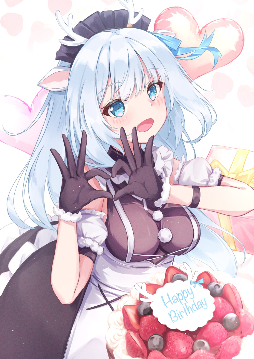 1girl absurdres animal_ears antlers apron arm_garter balloon birthday_cake black_dress black_gloves blue_eyes blue_hair blue_ribbon box breasts cake daidai_(daidai826) deer_antlers deer_ears deer_girl dress food fruit fur-trimmed_gloves fur_trim gift gift_box gloves hakushika_iori happy_birthday heart heart_balloon heart_hands highres horns large_breasts long_hair maid_headdress phase_connect pom_pom_(clothes) ribbon second-party_source solo strawberry virtual_youtuber white_apron