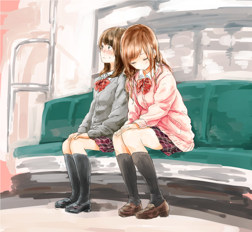 bad_id bad_pixiv_id blush bow brown_eyes brown_hair cardigan closed_eyes hands_on_own_knees kneehighs leaning_on_person loafers multiple_girls original plaid plaid_skirt school_uniform shoes skirt sleeping syou_(endemic_species) train_interior yuri