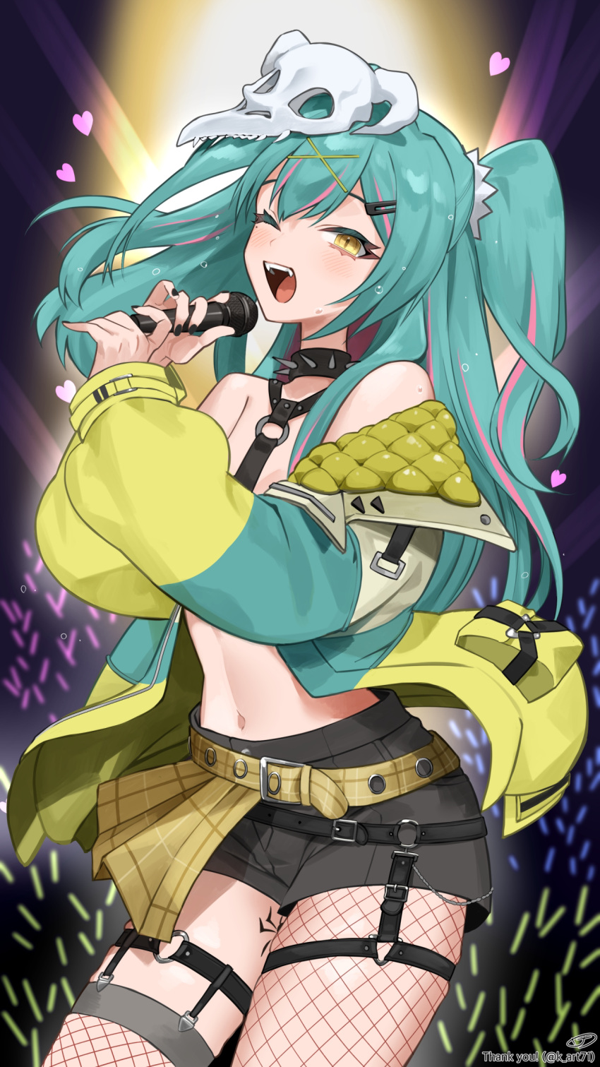 1girl aqua_jacket asymmetrical_legwear belt black_shorts collar commission fishnet_pantyhose fishnet_thighhighs fishnets glowstick green_hair green_jacket hair_ornament hairclip heart highres holding holding_microphone idol indie_virtual_youtuber jacket k_(art71) leg_tattoo linea_alba long_hair microphone multicolored_clothes multicolored_hair multicolored_jacket navel o-ring off_shoulder one_eye_closed open_clothes open_jacket open_mouth pantyhose penlight_(glowstick) pink_hair plaid_belt shorts signature single_leg_pantyhose skeb_commission skull_hair_ornament spiked_collar spikes streaked_hair sweat tattoo teeth tenmaru_raki thank_you thighhighs twintails twitter_username upper_teeth_only virtual_youtuber yellow_belt yellow_eyes