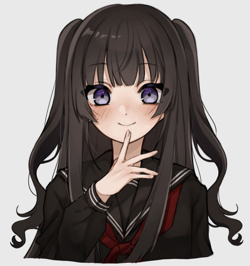 1girl arm_at_side black_hair black_sailor_collar black_shirt blush closed_mouth dot_nose finger_to_mouth hand_up highres long_hair long_sleeves looking_at_viewer neckerchief nijisanji purple_eyes red_neckerchief sailor_collar sata_pwpw school_uniform serafuku shirt sidelocks simple_background sleeve_cuffs smile solo tsukino_mito two_side_up virtual_youtuber white_background