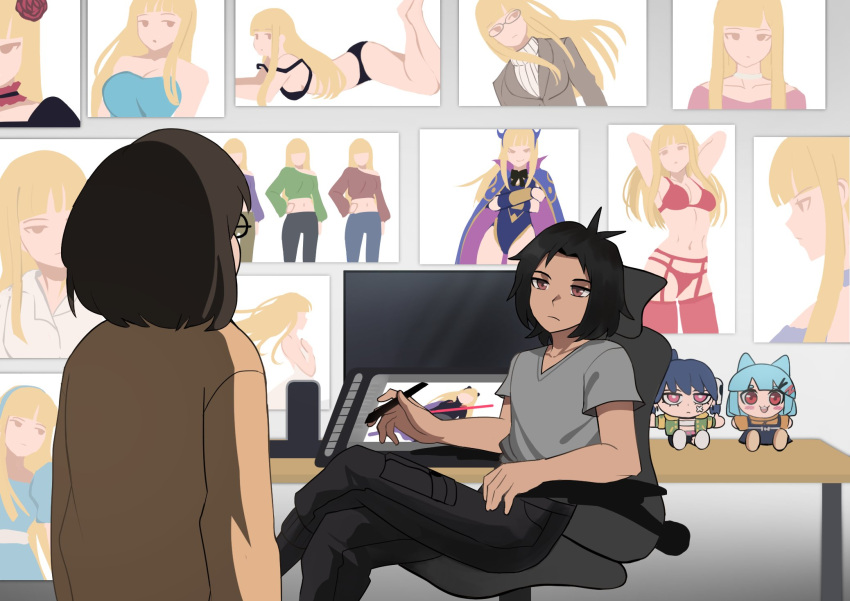 1boy 1girl artist_self-insert black_hair black_pants blonde_hair blunt_bangs brown_hair brown_shirt chair crossed_legs dark-skinned_male dark_skin desk drawing_tablet glasses grey_shirt highres indoors ji-yoon_(jourd4n) jourd4n long_hair office_chair original pants poster_(object) screen shirt short_sleeves sitting straight_hair stuffed_toy swivel_chair